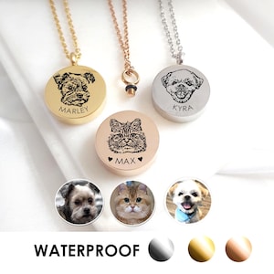 Pet portrait memorial urn necklace for ashes, custom engraved pet memorial keepsake gift, photo dog necklace, cat cremation jewelry.