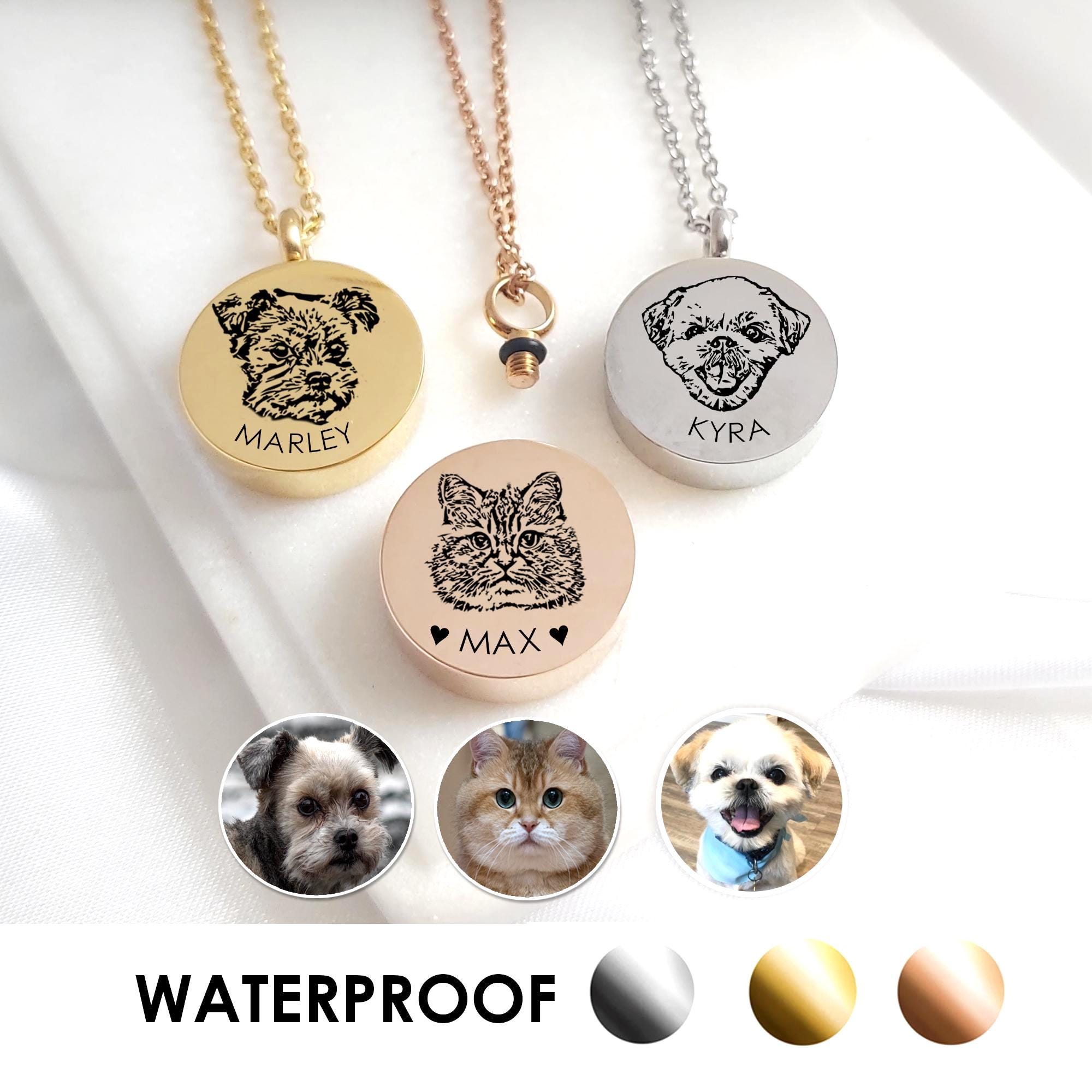 ペットの遺灰を入れるための肖像記念骨壷ネックレス、カスタム彫刻されたペットの記念品ギフト、犬の写真ネックレス、猫の火葬ジュエリー。