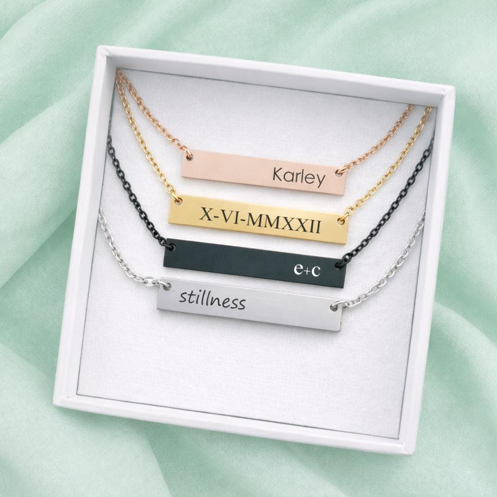 Personalized Stainless Steel Bar Necklace, Custom Engraved Name, Date, or Message Pendant, Waterproof Roman Numeral Jewelry.