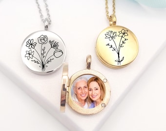Birth Flower Engraved Stainless Steel Locket with Photo – Personalized Gift for Her – Custom Floral Keepsake Necklace
