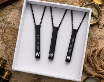 Personalized Coordinates Bar Necklace, Long Distance Gift, Anniversary Gift for Couples, Travel Memory Necklace, Moving Away Gift