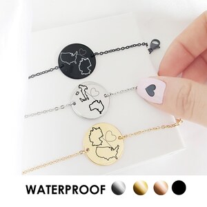 Bracelet personnalisé pour relation longue distance avec carte gravée du domaine ou du pays, cadeau de départ pour petite amie, cadeau d'amour