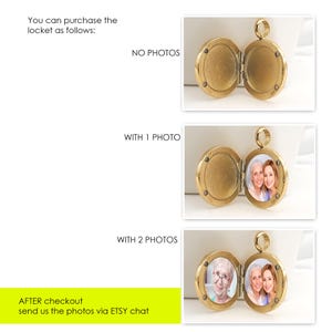 May include: A gold-colored locket, shown open and closed, with options for no photos, one photo, or two photos. The locket is round with a decorative edge and a loop for a chain. The image includes text about purchasing options.