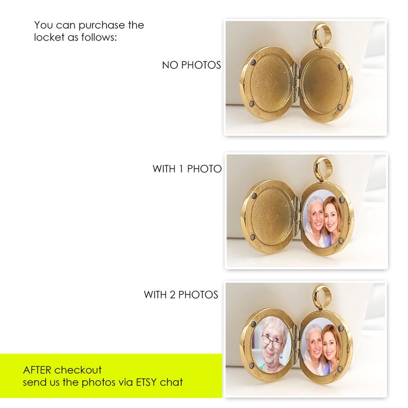 May include: A gold-colored locket, shown open and closed, with options for no photos, one photo, or two photos. The locket is round with a decorative edge and a loop for a chain. The image includes text about purchasing options.