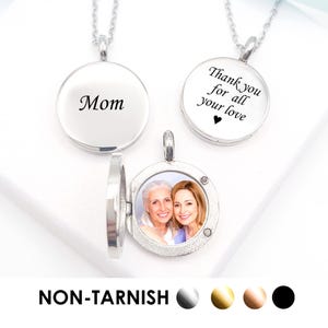 Tiny round wedding locket necklace for photo, custom engraved small pendant charm for picture, personalized birthday gift for mom