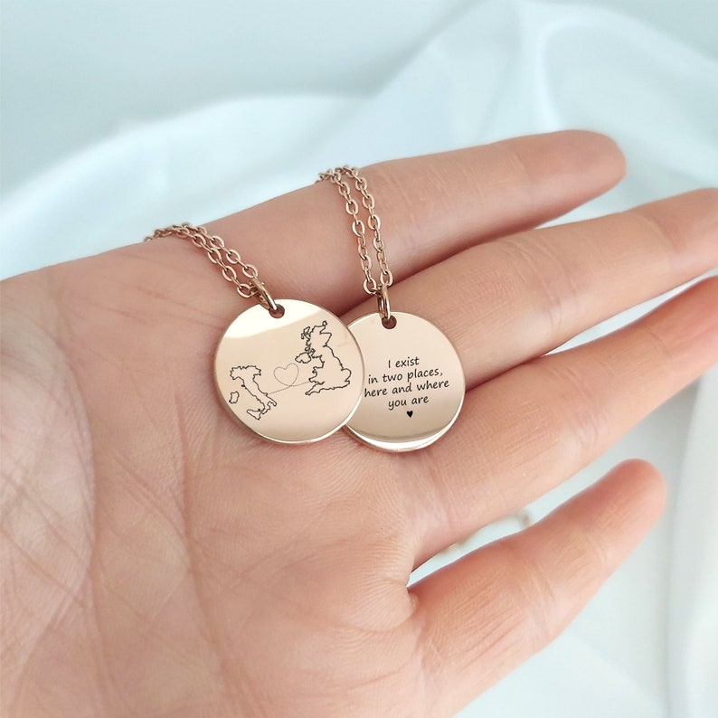 Personalized long distance relationship coin necklace with custom engraved estate or country map, going away gift for girlfriend, love gift image 1