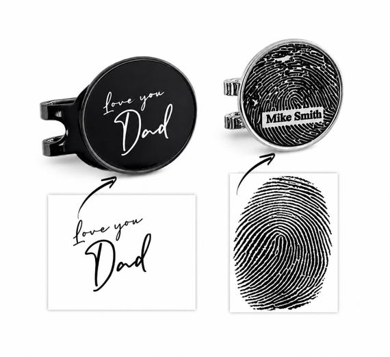 Personalized golf hat magnetic clip and ball marker engraved with fingerprint or your own handwriting, memorial gift, loss of dad, grandad