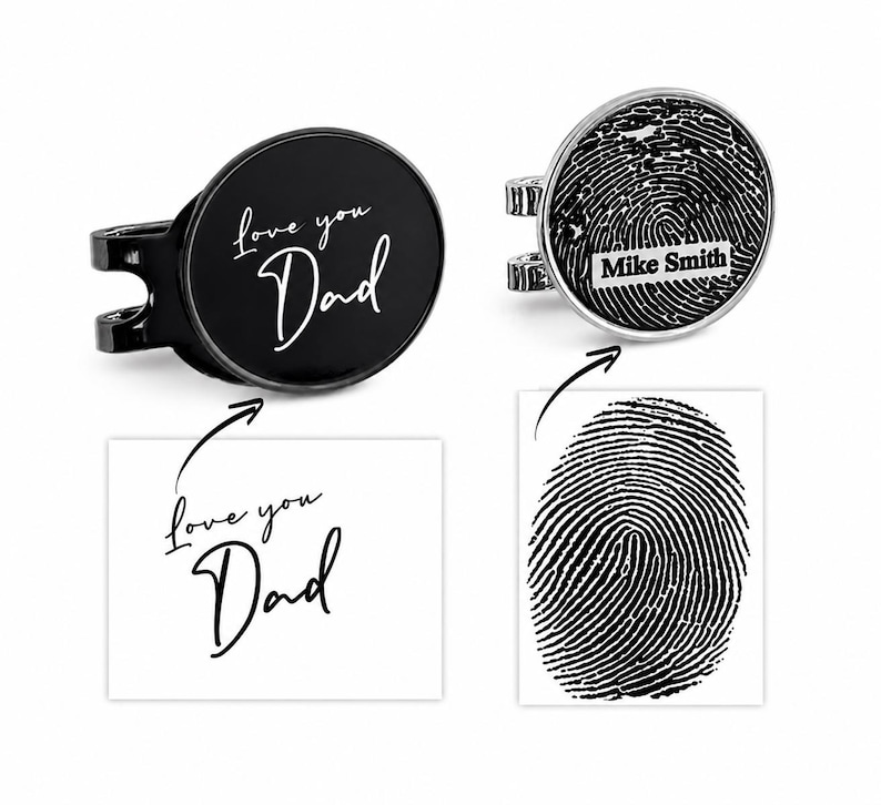 Personalized golf hat magnetic clip and ball marker engraved with fingerprint or your own handwriting, memorial gift, loss of dad, grandad image 1