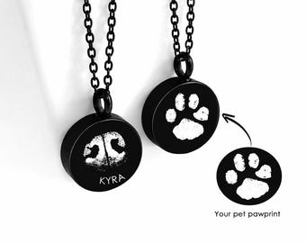 Paw print pet memorial urn necklace for ashes, custom engraved dog noseprint necklace for animal ashes, cat cremation jewelry.