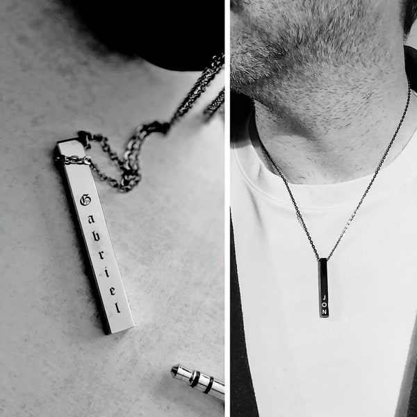 Four side necklace for men, mens name necklace, vertical stick pendant with kids names, Men bar necklace, Gifts for him, fathers day Gift