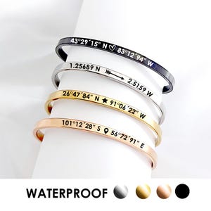 Individuell gravierte wasserdichte Koordinaten Armband, Lage Breite Länge dünner Manschette Armreif, gps Koordinaten Geschenk für Freunde, Freundin
