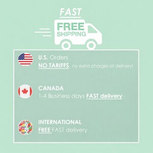 May include: A light green informational graphic featuring a white truck icon with the text FAST FREE SHIPPING. Below, three circular icons represent U.S. Orders with no tariffs, Canada with 1-4 business days delivery, and International free fast delivery.