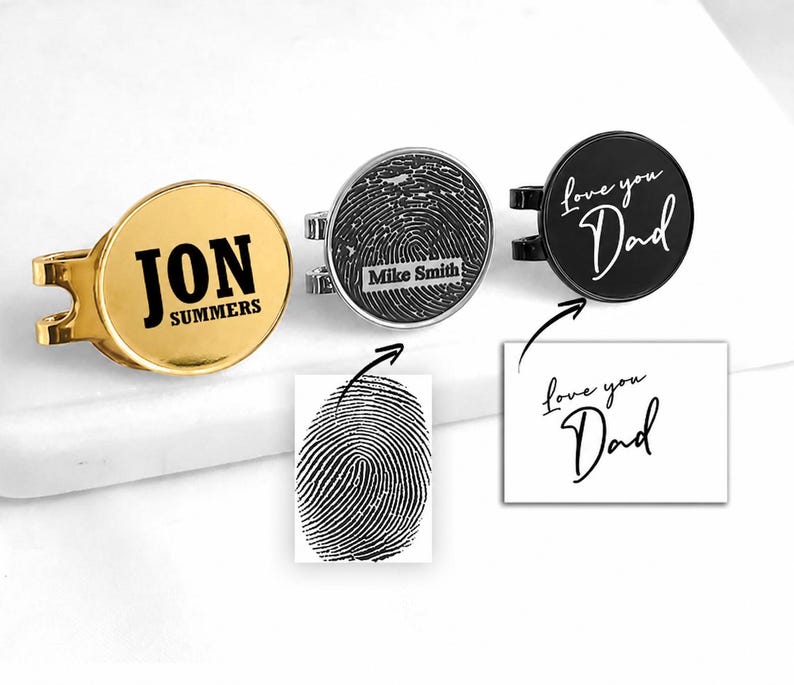 Personalized golf hat magnetic clip and ball marker engraved with fingerprint or your own handwriting, memorial gift, loss of dad, grandad image 2