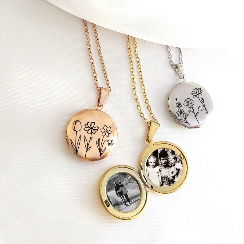 Combined Birth Flower Locket necklace for photo and engraving, Round Locket, non tarnish, Engraved Locket, birthday gift for her, mom image 1
