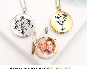 Combined birth flower locket necklace with photo and engraving, round locket with up to 7 birth month flowers, gift for mom and grandma