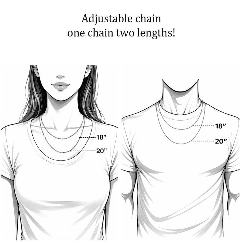 May include: A black and white line drawing of an adjustable chain shown on two figures. The text reads: Adjustable chain one chain two lengths! The illustration indicates two distinct lengths of 18 inches and 20 inches for the necklace chain.