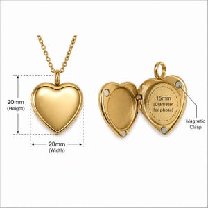 May include: A gold-toned heart-shaped locket pendant on a chain. The locket measures 20mm in height and 20mm in width. When opened, it reveals a 15mm diameter space for a photo and features a magnetic clasp to secure the two halves together.