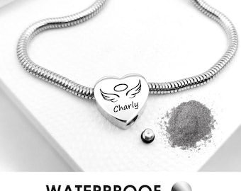 Engraved urn charm bracelet for ashes, personalized heart bead memorial charm, cremation ashes keepsake, loss of loved one, dog memorial