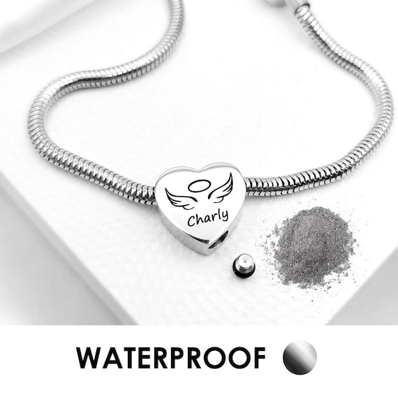 Engraved urn charm bracelet for ashes, personalized heart bead memorial charm, cremation ashes keepsake, loss of loved one, dog memorial