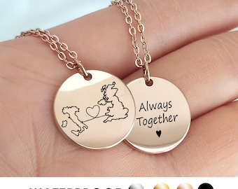 Personalized long distance relationship coin necklace with custom engraved estate or country map, going away gift for girlfriend, love gift
