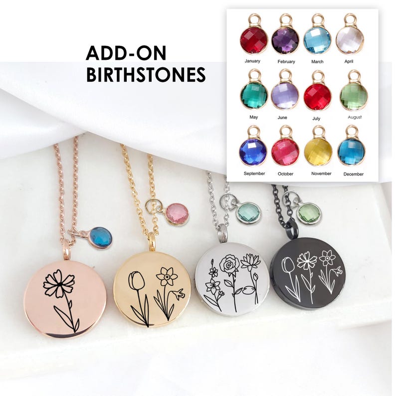 May include: Necklaces with floral designs and birthstone charms. The necklaces are in rose gold, gold, silver, and black. Each necklace has a round pendant with a different flower design. The image also shows a chart of birthstones.