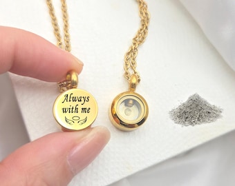 Custom Engraved Gold Glass Urn Necklace for Ashes, Stainless Steel Cremation Vial, Cremation Jewelry for men and women.