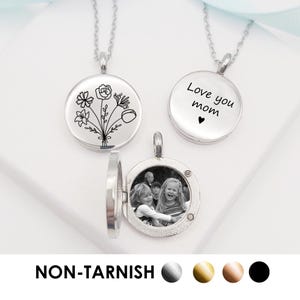 Birth Flower Engraved Stainless Steel Locket with Photo – Personalized Gift for Her – Custom Floral Keepsake Necklace