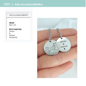 Personalized long distance relationship coin necklace with custom engraved estate or country map, going away gift for girlfriend, love gift image 7