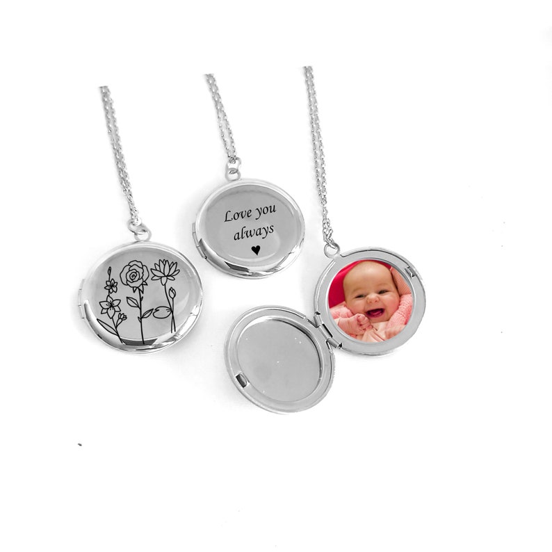 Combined Birth Flower Locket necklace for photo and engraving, Round Locket, non tarnish, Engraved Locket, birthday gift for her, mom image 3