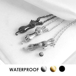 Cat urn cremation necklace, personalized cat ashes keepsake jewelry engraved with your pet name, waterproof cat memorial gift,  loss of cat