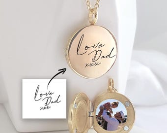 Handwriting necklace, custom engraved gold locket with photo, grief cremation sympathy memorial jewelry, loss of mother, loss of father