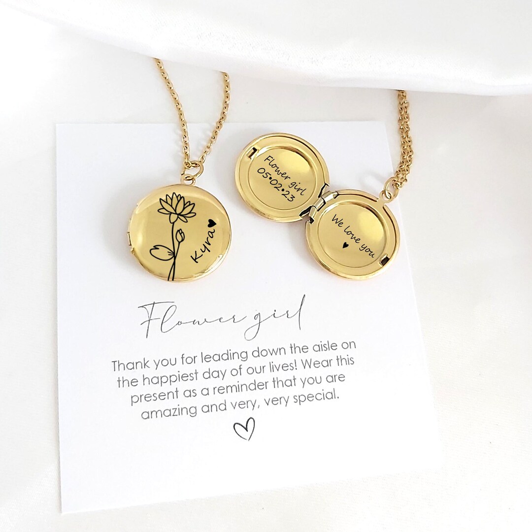 Flower Girl Locket Necklace With Birth Month Flower and Name Etsy