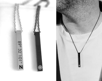 Coordinates necklace for men, custom minimalist bar necklace with location latitude longitude, personalized anniversary gift for boyfriend