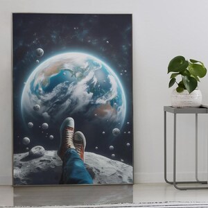 Moon Watcher Wandkunst - Surrealer Weltraum, Sci-Fi Astronaut Druck, Weltraum Dekor, himmlisches Kunstwerk Digitaler Download