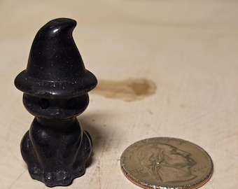 Mini Black Obsidian Witch Kitty, Small Keepsake, Small Carving.