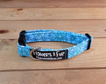 9"-17" Dog Collar 3/4" Width, Pet Accessory, Fabric Collar, Pet Collar, Small, Medium, Blue Daisy Collar, Flowers & Fur Dog Collar, Smiley
