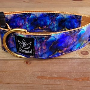 14"-28" Holographic Marble Collar 2" Width, Pet Collar, Large, Medium, XL, Holographic Vinyl, Satin Lining, Brass Hardware