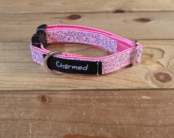 9"-18" Glitter Dog Collar 3/4" Width, Small, XS, Very Little Shedding, Glitter Collar, Satin Lined, Sparkle, Light Pink