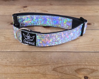 13"-26" Holographic Dog Collar 1.5" Width, Medium, Small, Large, XL, Colorful, Holographic, Waterproof Ottertex Lined, Black & Silver