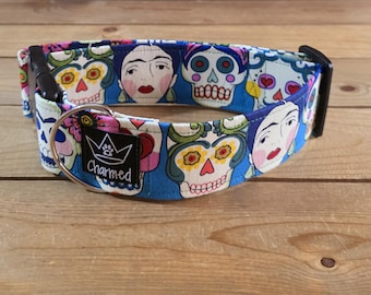 14"-28" Dog Collar 2" Width, Pet Collar, Medium, Large, Big Dog Collar, Skulls Collar, Frida Kahlo, Painter