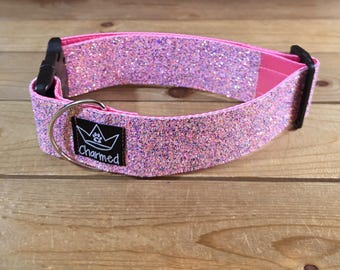 14"-28" Dazzle Dogs Dog Collar 2" Width, Large, Medium, XL, Very Little Shedding, Glitter Collar, Satin Lined, Sparkle, Pink