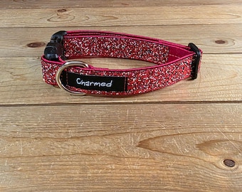 11"-21" Dazzle Dogs Dog Collar 1" Width, Medium, Large, XL, Very Little Shedding, Glitter Collar, Satin Lined, Sparkle Dog, Red