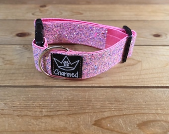 10"-18" PETITE Dazzle Dogs Dog Collar 1.5" Width, Small, Medium, Very Little Shedding, Glitter Collar, Satin Lined, Sparkle, Pink