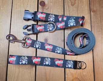 1" Width Collar & Leash Set, 5ft Leash, Collar Adjusts 11"-22", Wide Barrel Snap Hook, Patterned Webbing, Free Wrist Lanyard, Love Mom