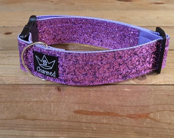 14"-28" Glitter Dog Collar 2" Width, Small, Medium, Large, XL, Very Little Shedding, Glitter Collar, Satin Lined, Sparkle, Light Purple
