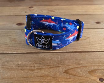 PETITE 11"-18" Dog Collar 1.5" Width, Pet Collar, Small, Shark Dog Collar, Ocean Collar, Buckle Dog Collar, Summer Collar, 80's