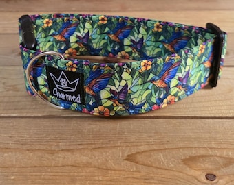 14"-28" Dog Collar 2" Width, Pet Collar, Medium, Small, Large, Big Dog Collar, Summer, Stained Glass Hummingbird, Hummingbird