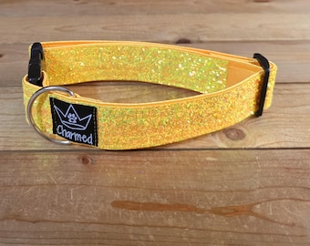 13"-26" Glitter Dog Collar 1.5" Width, Small, Medium, Large, Very Little Shedding, Glitter Collar, Satin Lined, Sparkle, Yellow, Neon Green