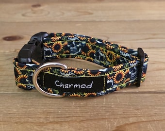 PETITE 9"-16" Dog Collar 1" Width, Pet Collar, Small, Fun Dog Collar, Skulls, Sunflowers, Floral Dog Collar, Buckle Dog Collar