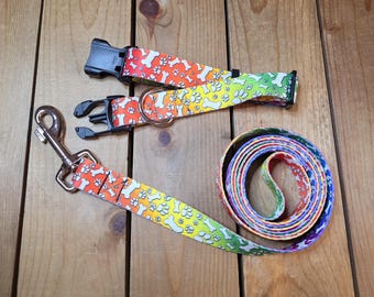 1" Width Collar & Leash Set, 5ft Leash, Collar Adjusts 11"-22", Wide Barrel Snap Hook, Patterned Webbing, Dog Paw, Bones